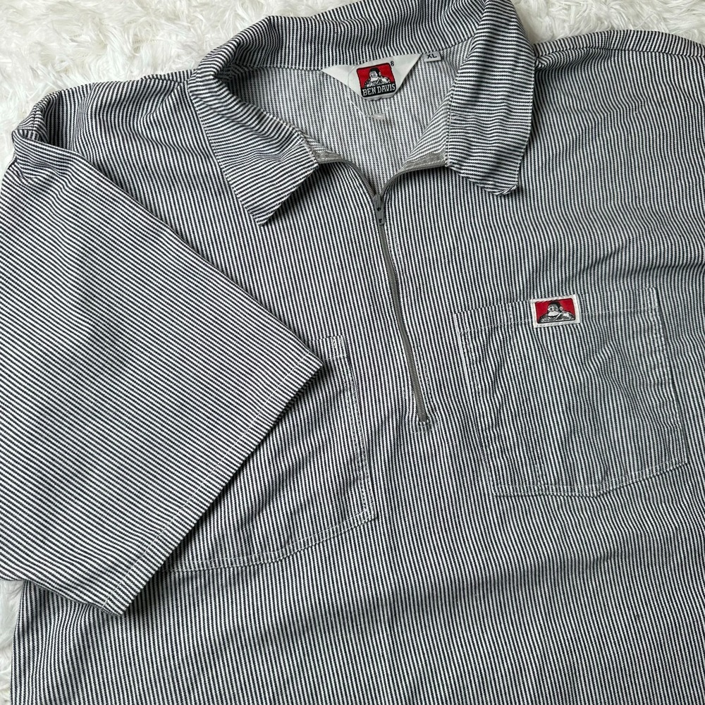 Ben Davis Men's XL Black White Stripe Half Zip Work Shirt Short Sleeve Pocket US